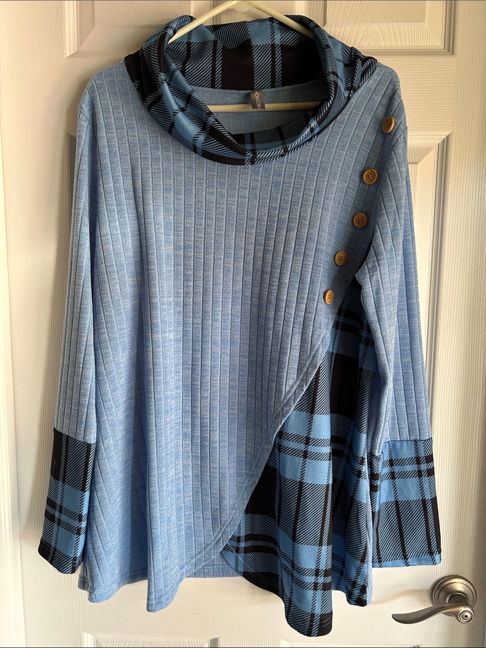 Blue Plaid Trim Ribbed Cowl Neck Top with Button Detail